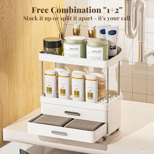 Delamu Bathroom Counter Organizer with Lipstick Holder, 4 Tier 2 Drawers Makeup Organizer, Bathroom Organizers and Storage for Vanity, Office, Perfume, Skincare, White