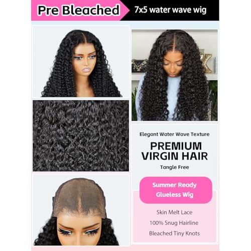 Curlyme Glueless Wigs Human Hair Pre Plucked Pre Cut Pre Bleached 7x5 Water Wave Lace Front Wigs Upgraded Drawstring Wear and Go Gluelesss Hair for Women Natural Hairline 20 Inch