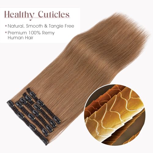 Elailite Clip in Hair Extensions Real Human Hair, Remy Hairpieces for Women, 7PCS Lace Weft Full Head, 22 Inch 130g Light Brown
