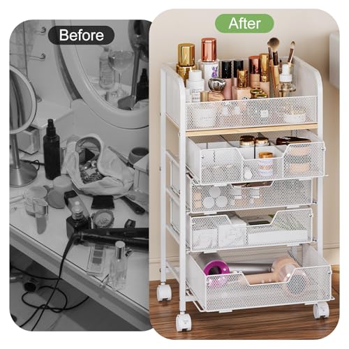 Makeup Cart Organizer with 4 Drawers, Large Floor Skincare Organizers, Vanity Storage Organizer Cosmetics Display Cases for Skin Care Perfume Nail Polish, White (Patent Pending)