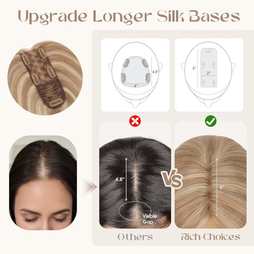 Rich Choices Hair Toppers for Women Real Human Hair 100% Human Remy Toppers for Women with Thinning Clip in NO Bangs Lace Base 150% Density 14 Inch #12P613 Golden Brown Highlight Bleach Blonde