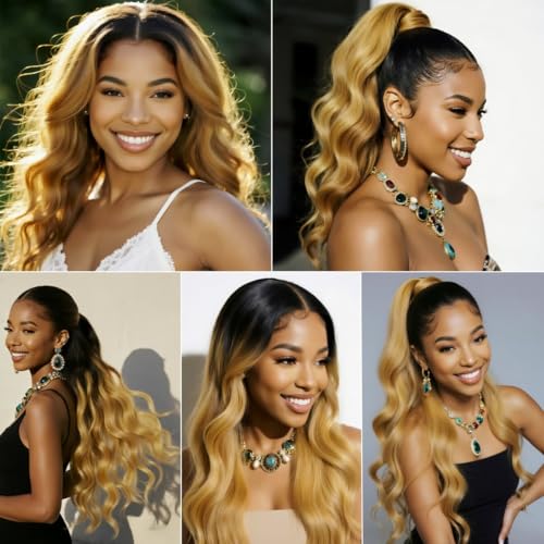 T1B/27 Body Wave Human Hair Bundles 26 28 30 Inch 3 Bundles Brazilian Virgin Remy Hair Extensions Ombre Natural Black to Honey Blonde Weave for Black Women