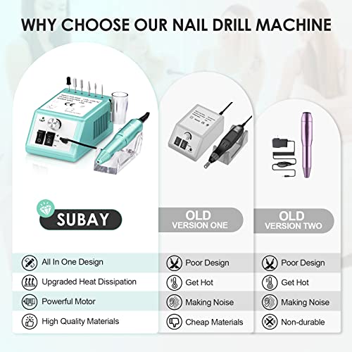 SUBAY Professional Finger Toe Nail Care Electric Nail Drill Machine Manicure Pedicure Kit Electric Nail Art File Drill with 1 Pack of Sanding Bands (Green)