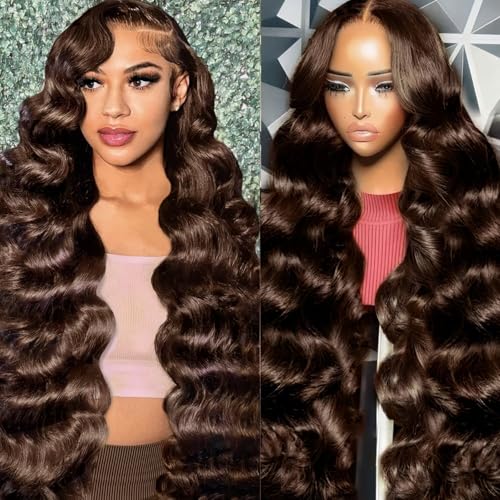 Chocolate Brown Human Hair Wig 26 Inch Brown Wig Human Hair 200 Density Body Wave Lace Front Wigs human hair Pre Plucked 13X4 HD Frontal Wig 4# Colored Glueless Wigs
