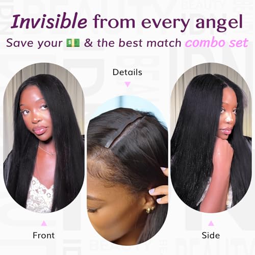 IDN BEAUTY 5+2 Invisi Edge Seamless Clip in Hair Extensions Human Hair Combo Pack, Yaki Straight 20 Inch 110g 5pcs Invisible Edge and 2pcs Seamless Clip ins for Black Women Natural Black No Leave Out