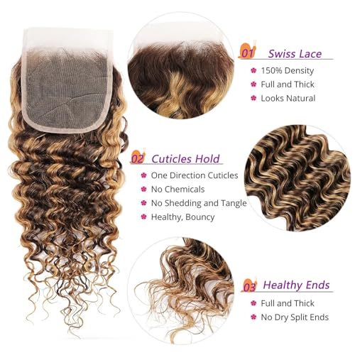 Deep Wave Honey Blonde Highlight Human Hair 3 Bundles with 4x4 lace closure (22 24 26 +20 inch) Free Part Brown Blonde Ombre Bundles With Closure Human Hair Weave Extensions
