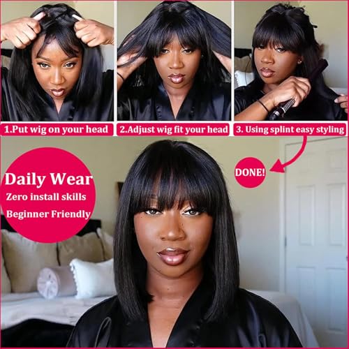 ROSELINE Short Bob Wig Human Hair Glueless HD 1X3 Lace Closure Human Hair Bob Wig With Bangs For Black Women (12Inch)