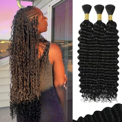 150g 28 Inch Boho Braids Human Hair Braiding Hair Deep Wave Bulk Human Hair for Braiding 3 Bundles No Weft Curly Braiding Hair for Boho Braids Human Hair Extensions Bulk Human Hair Braiding Hair