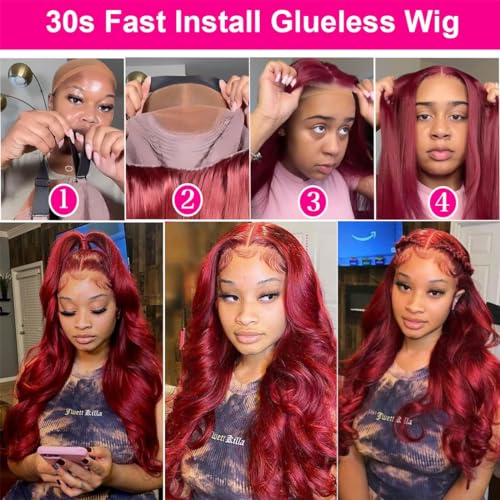 Burgundy Lace Closure Wigs 5X5 Body Wave Wear and Go Glueless Human Hair Wig Pre Plucked Pre Cut for Beginners 180 Density 99J Burgundy Lace Closure Wigs Human Hair No Glue Pre Cut Wig 28 Inch