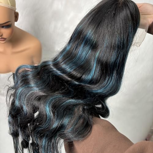 Highlight Blue Human Hair Wigs 13X4 Transparent HD Lace Front Wigs Ombre Green Body Wave Wig Human Hair 150% Density Body Bave Glueless Human Hair Wigs (16Inch)