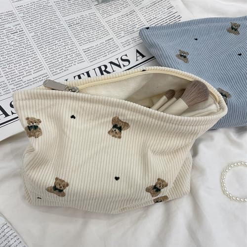 Corduroy Travel Makeup Bag with Bear Pattern, Cosmetic Bag for Purse Organizer, Toiletry Bag with Zipper For Women Travel Essentials(02Beige)