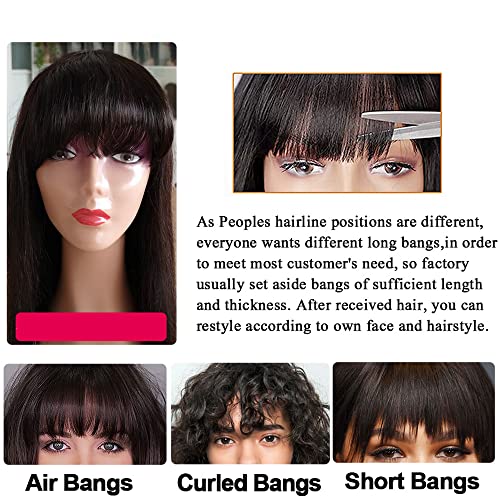 Short Bob Wig With Bangs Glueless Afro Kinky Mongolian Hair For Black Women Frizzy African Hair Remy Human Hair Wigs Full Machine Made Scalp Wig Fringe Unit Hair Replacement Unit 14 Inch
