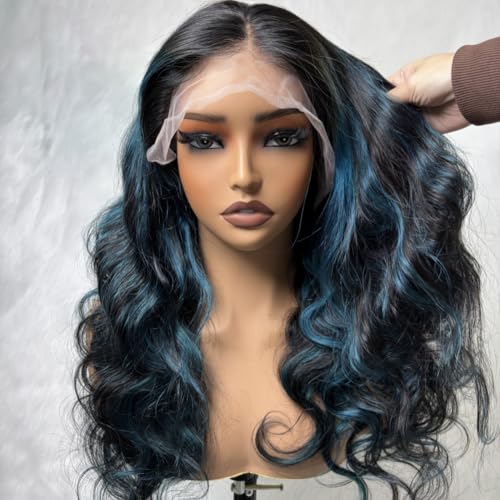 Highlight Blue Human Hair Wigs 13X4 Transparent HD Lace Front Wigs Ombre Green Body Wave Wig Human Hair 150% Density Body Bave Glueless Human Hair Wigs (16Inch)