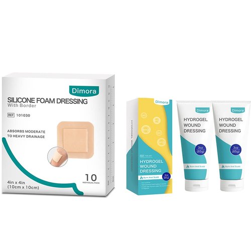Silicone Foam Dressing with Border 4"x4" 10 Pack & Dimora 2 Packs 6oz 170g Hydrogel Wound Dressing Skin Repair Gel