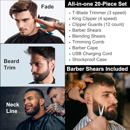 Multi-Speed Clipper Set, Gear Shifting, 20-Piece Grooming Kit for Men, T-Blade Plus King Clipper, Rechargeable Hair Trimmers, Metal Grip, Carbon Steel Blades, All-in-one Barber Set