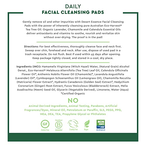 Desert Essence Natural Tea Tree Oil Facial Cleansing Pads - 50 Count - Pack of 3 - Face Cleanser - Soothes & Calms Skin - Makeup Remover Pads - Removes Oil & Dirt - Great for Travel - Essential Oils