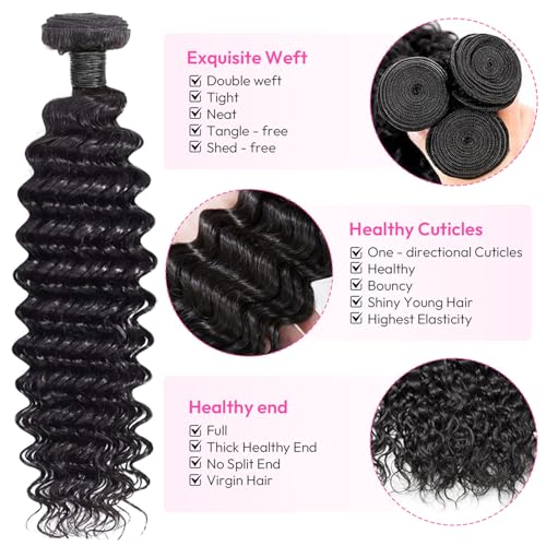 Bundles Human Hair Deep Wave 20 22 24 Inch 12A Deep Curly Bundles Human Hair Extensions 100% Unprocessed 3 Bundle Brazilian Virgin Human Hair Extensions Wet and Wavy Double Weft Bundles Natural