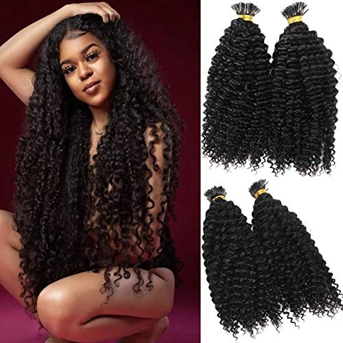 Long Kinky Curly Pre Bonded Fusion I Tip Human Hair Extension Mongolian Human Hair I Tip Hair Extensions 100g/100 strands (24inch 100Strands, #Natural Color)