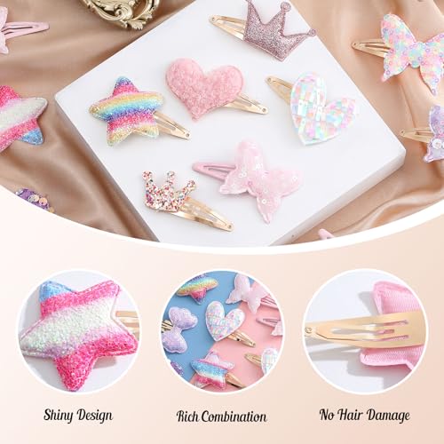 16 Pcs Hair Clips for Teens,Sparkly Metal Snap Barrettes, Cute Glitter Toddler Flower/Star/Crown/Heart/Butterfly Hair Accessory Multicolor Shaped Hair Accessories