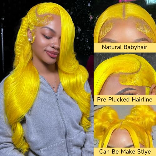 Yellow Lace Front Wig Human Hair Pre Plucked 200% Density Body Wave Blonde Lace Front Wigs Human Hair 13x4 HD Lace Frontal Wig Yellow Colored Wigs Human Hair Glueless Wig 30 Inch