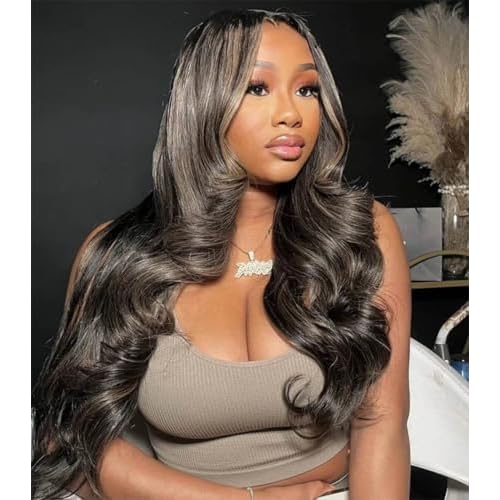 Rina Upgrade Black with Brown Blonde Highlight Wig Human Hair 210% Density 13x4 HD Body Wave Luxury Balayage Blonde Highlight Wig 12A Grade Raw Hair Pre Plucked Ombre Lace Front Wig for Women 26 Inch