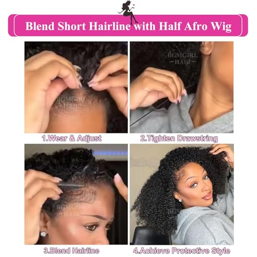 BGM GIRL Half Wig Human Hair Kinky Curly 3 in 1 Wigs Beginner Friendly Flip Over Drawstring Glueless Wig Kinky Curly Ready to Go Seamless Clip in Wigs Natural Black Color 16 Inch
