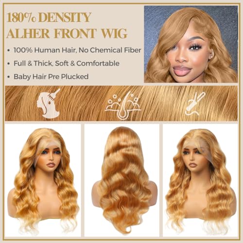 ALHER Honey Blonde Lace Frontal Wig Human Hair 24 Inch Body Wave, 180% Density Blonde #27 Colored 13x4 HD Lace Front Wig Pre Plucked With Baby Hair Ear to Ear, 12A 100% Virgin Remy Hair for Women