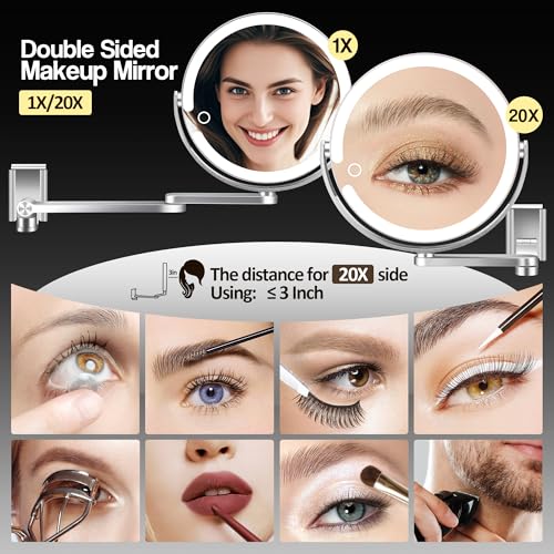 Wall Mounted Makeup Mirror, Magnifying Mirror with Light 20X/1X Double-Sided, Height Adjustable, 3 Lighted Modes, Aluminum Alloy Small Wall Mirror, Moisture & Corrosion Resistant Bathroom Use