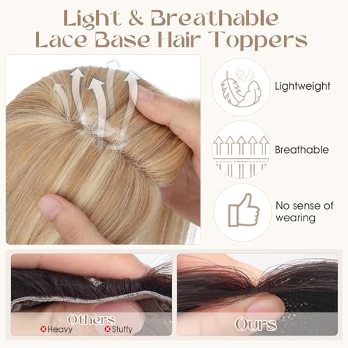Rich Choices Hair Toppers for Women Real Human Hair 100% Human Remy Toppers for Women with Thinning Clip in NO Bangs Lace Base 150% Density 14 Inch #12P613 Golden Brown Highlight Bleach Blonde