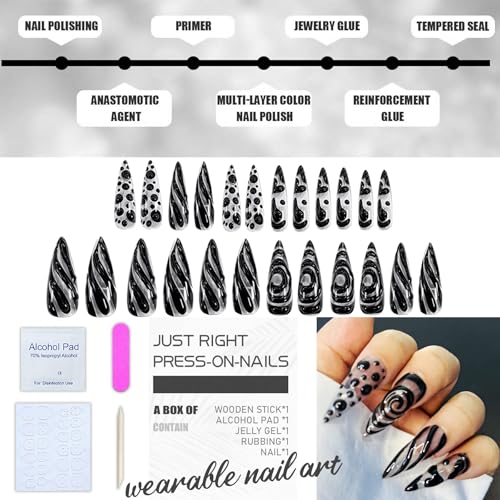 Black Press on Nails Long Stiletto Fake Nails Almond Shape False Nails with 3D Irregular Transparent Design Y2K Acrylic Nails Halloween Glue on Nails Black Swirl Natural Stick on Nails Nails for Women