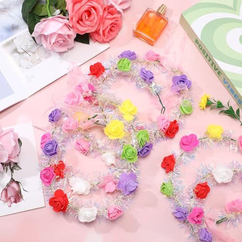 Syhood 40 Pcs LED Flower Headband, Light up Flower Crown Garland Headdress Floral Headpiece for Women Hair Accessories Bridal Shower Holiday Birthday Wedding Party(Rose Style)