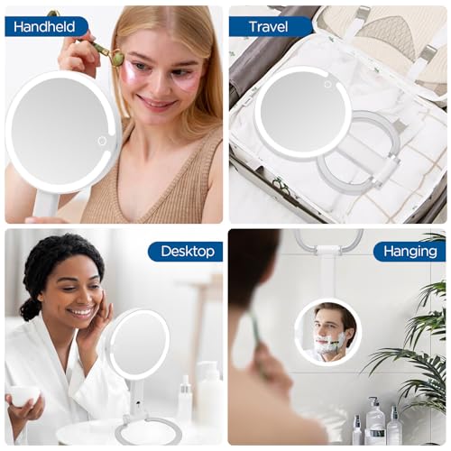 Magnifying Mirror with Light, Makeup Mirror with Lights and Adjustable Brightness, Hanging and Handheld Mirror with Handle, Travel Portable Lighted Makeup Mirror, 360¡ÆRotation, Memory Function 1X/10X