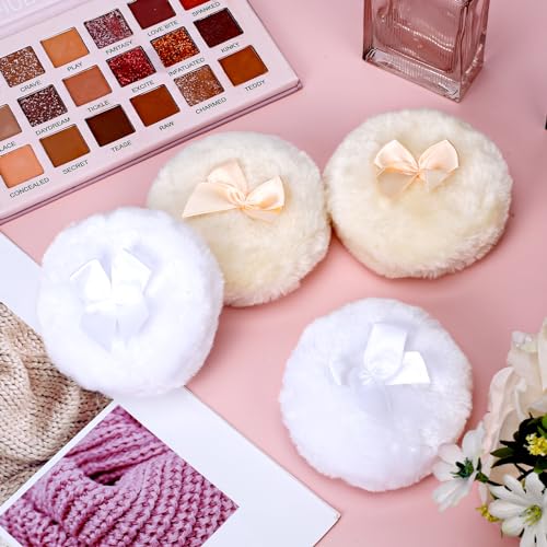 4Pcs Large Fluffy Powder Puff, White Powder Puff, Powder Puffs for Face powder, Ultra Soft Body Powder Puff, Soft Face Body Powder Puff, Washable Reusable Makeup Puffs(White/Beige)