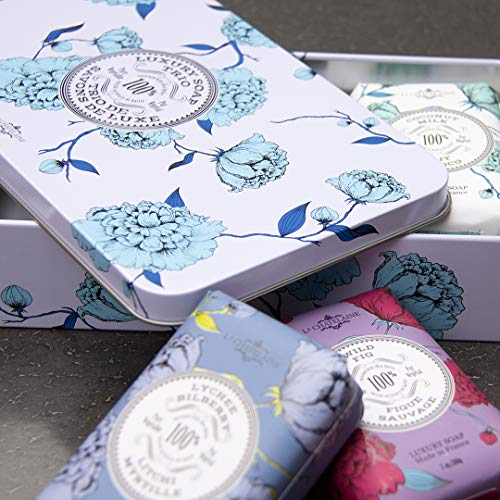 La Chatelaine Luxury Bar Soap Trio Gift Set Tin ? Winter White | Made in France | Natural and Organic Soap Bars | Shea Butter Formula | 3 x 7 oz / 200g (Cherry Almond, Coconut Milk, Lychee Bilberry)