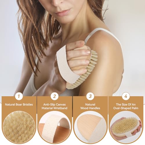 3-Pack Dry Body Brush with Massage Brush Exfoliating Dry Brushing Body Brush for Lymphatic Drainage, Natural Boar Bristle Dry Brush for Body Cellulite Improving Blood Circulation
