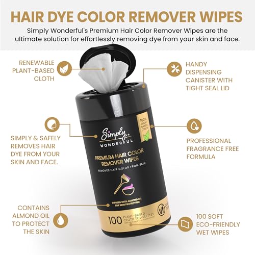 Simply Wonderful Hair Color Remover Wipes for Face & Skin - 100 Count Plant-Based Cloth Towlettes, Non-Irritating Almond Oil Infused for Skin Protection
