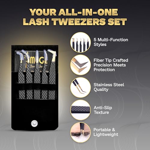 5 Pcs Fiber-Tip Japanese Steel Lash Tweezer Set with Leather Case, Professional Eyelash Tweezers for Lash Extensions ? Titanium Coated, 90 & 45 Angled, Precision Pointed Tweezers (MATT BLACK)