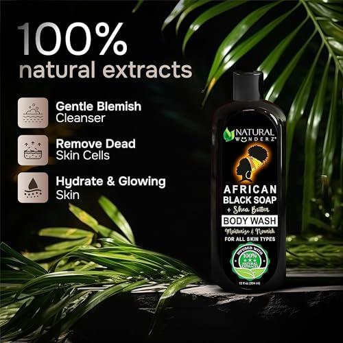 Natural Wunderz African Black Soap Body Wash, 12?oz ? Sulfate?Free, Vegan Cleanser with Shea Butter ? Soothing, Detoxifying Shower Gel for Men & Women