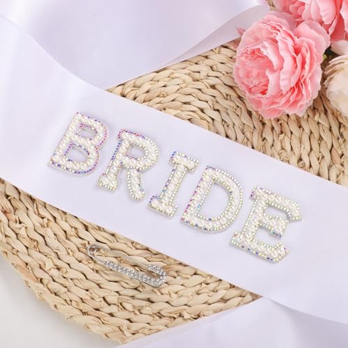 Etercycle Bride Sash, Bride To Be Sash Bridal Gifts, White Pearls Rhinestones Sashes Bachelorette Party Decorations Bridesmaid Favors With Adjustable Diamond Pin