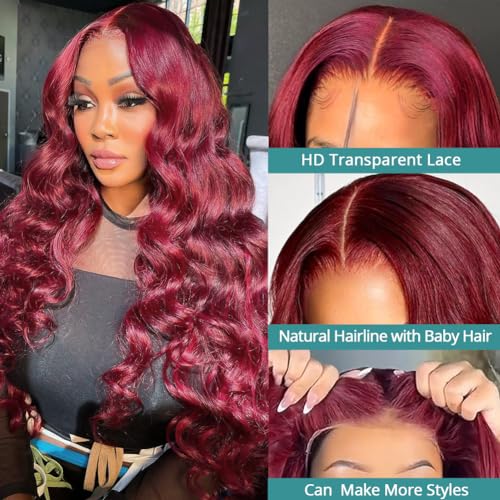 Allove 99j Burgundy Lace Front Wigs Human Hair Pre Plucked 180% Density 26inch Body Wave Lace Front Wigs Human Hair with Baby Hair 13x4 Glueless HD Transparent Frontal Human Hair Wigs For Women