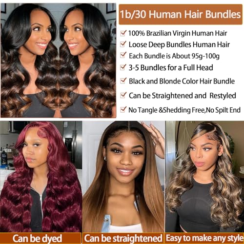 Human Hair Bundles with Closure Quick Weave TB/2/30 Highlight Ombre Loose Deep Wave Human Hair Bundles with 4x4 HD Closure 20 22 24+20free Loose Wave Hair 3 Tone Black to Blonde Extensins