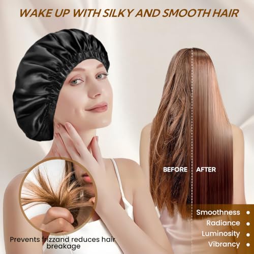 Satin Bonnet Silk Bonnet for Sleeping Women and Men, Ajustable Hair Bonnet for Curly Hair with Double Layer Hair Bonnet,Black - Black,Medium