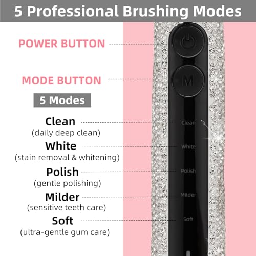 Diamond Sonic Electric Toothbrush Bling Rechargeable Toothbrushes for Adults with 6 Brush Heads Vibrating Toothbrush-5 Modes, USB-C Fast Charge,2Min Smart Timer,IPX7 Waterproof(White)