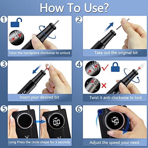 Yokefellow Nail Drill, Professional Portable 40000RPM Nail Drills Machine Electric Engraving Drill for Glass Black