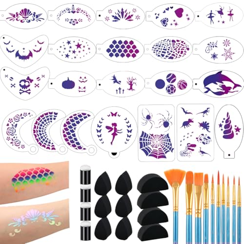 46 pcs Face Paint Stencils Kit,22 Pcs Reusable Facial Painting Stencils Reusable Body Paint Templates with 10 pcs Brushes,14 pcs Sponges for Party Halloween Makeup Depvision Face Paint Accessory Kit