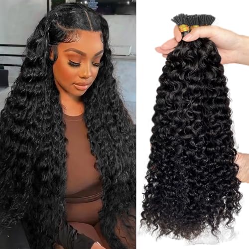 Water Wave Itip Human Hair Extensions 14 Inches Cold Fusion Hair Piece 100 Strands/Pack Curly Pre Bonded Keratin Stick Tipped Hair Extensions for Women I Tip Extensions Human Hair