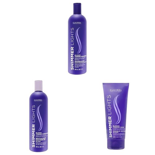 Clairol Professional Shimmer Lights Purple Shampoo & Conditioner 16 oz, with Violet Toning Mask 6.7oz Bundle | Neutralizes Brass, Yellow Tones For Blonde, Silver, Gray & Highlighted Hair