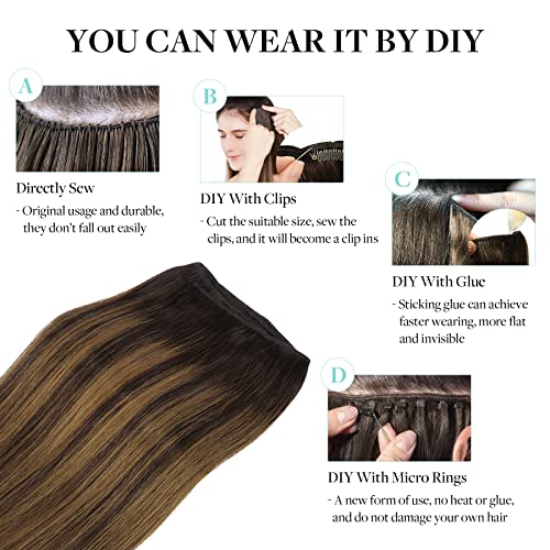 DOORES Sew in Hair Extensions Real Human Hair, Balayage Dark Brown to Chestnut Brown 24 Inch 120g Weave Remy Extensions Full Head Long Straight