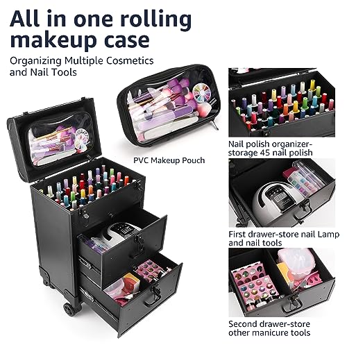 Yokilly Rolling Makeup Train Case, Professional Cosmetology Case on Wheels, Aluminum Cosmetic Trolley Travelling Cart Trunk with Swivel Wheels, Sliding Drawer & Keys for Nail Technician Stylist(Black)