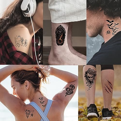 52 Sheets Black Halloween Temporary Tattoos for Kids Men Women, Include 10 Sheets Large Half Arm Sleeve Fake Tattoos, 200+ PCS Spider Snake Tiger Lion Skull Bat Vampire Scar Halloween Tattoos